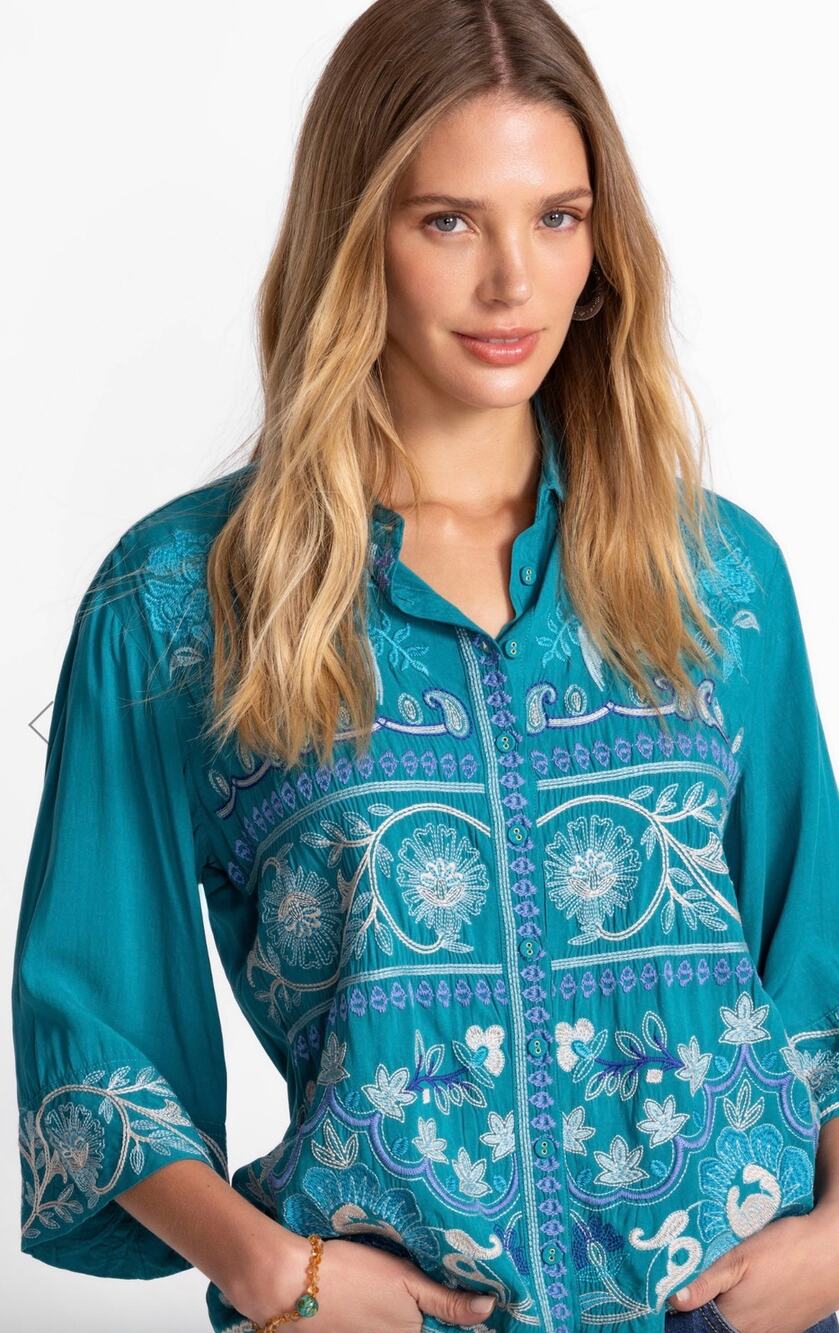 Johnny Was Kimono Sleeve Shirt, beautiful teal green, NWT